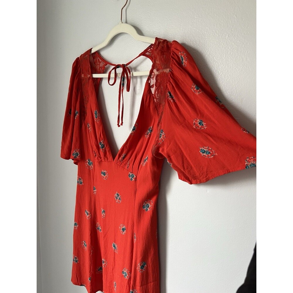Free People Mockingbird Dress 6 Backless Mini Orange Red Lace Flirty Floral Boho - Picture 5 of 16